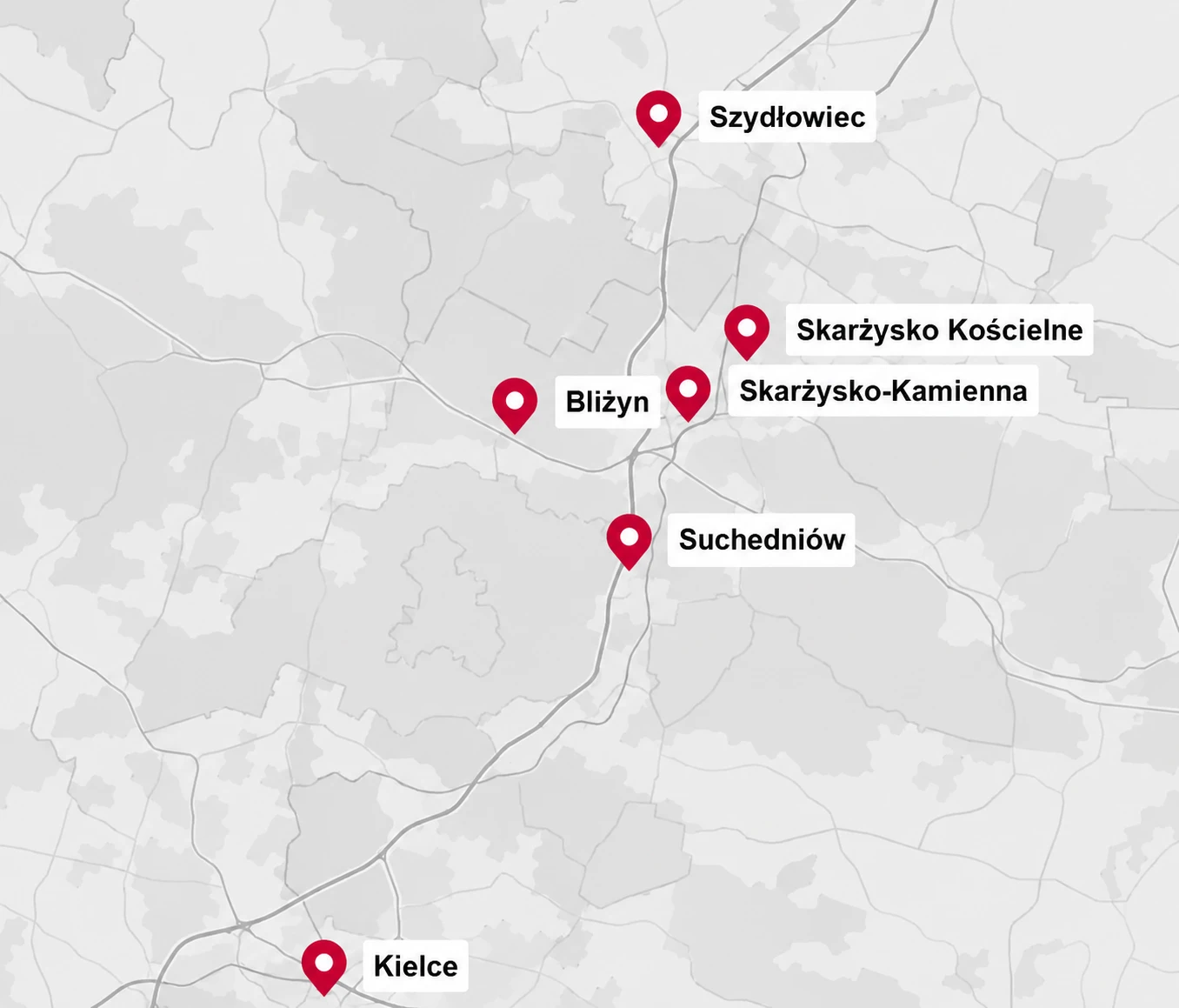 Mapa miejscowości, w których prowadzimy zajęcia: Skarżysko-Kamienna, Skarżysko Kościelne, Suchedniów, Bliżyn, Szydłowiec i Kielce